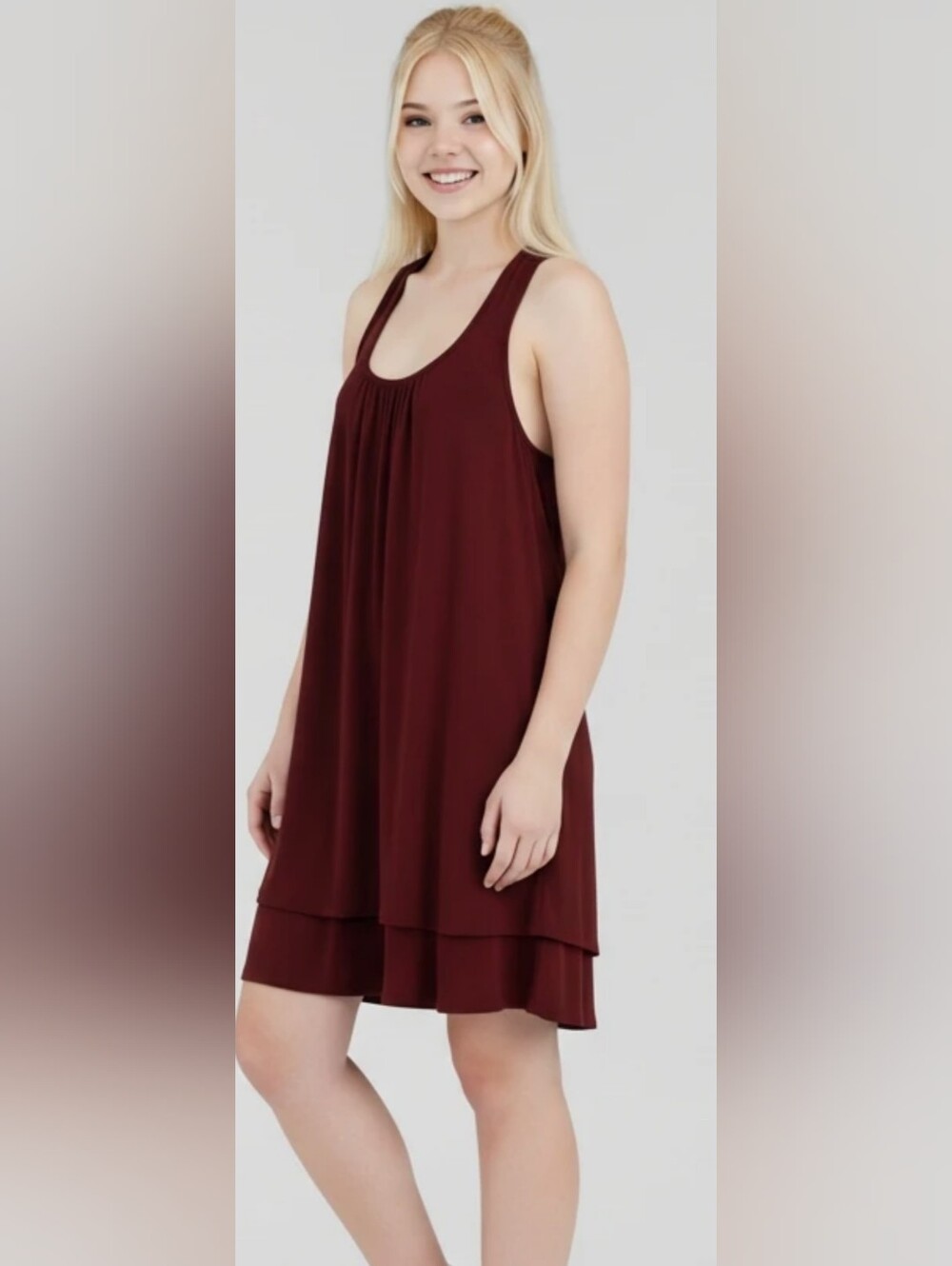 Pixie + Ivy Sleeveless Flowy Scoop Neck Dress in Deep Burgundy